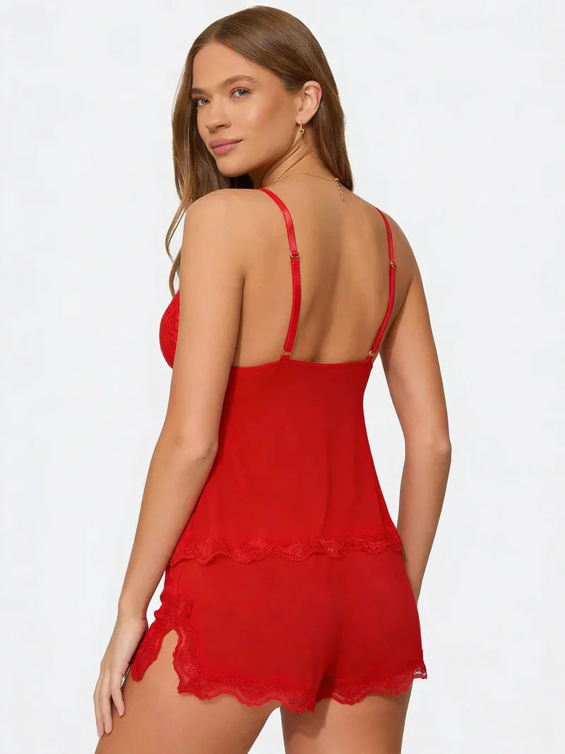 Ensemble pyjama satin Jennie rouge de dos
