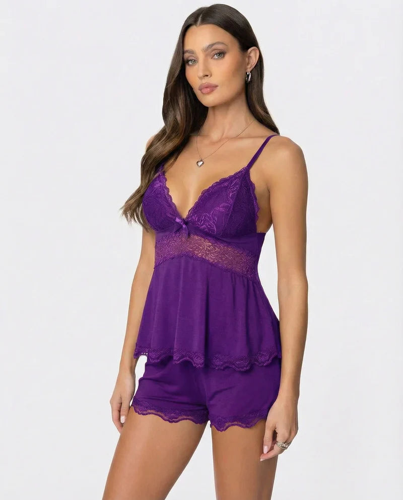 Ensemble pyjama satin Jennie violet de face