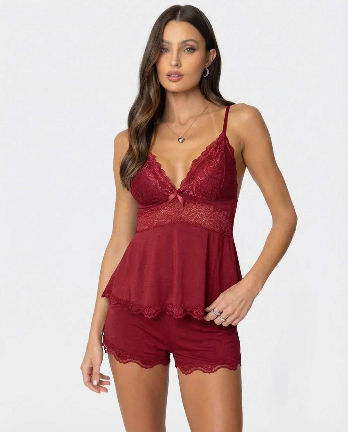 Ensemble pyjama satin Jennie — Top & short en dentelle